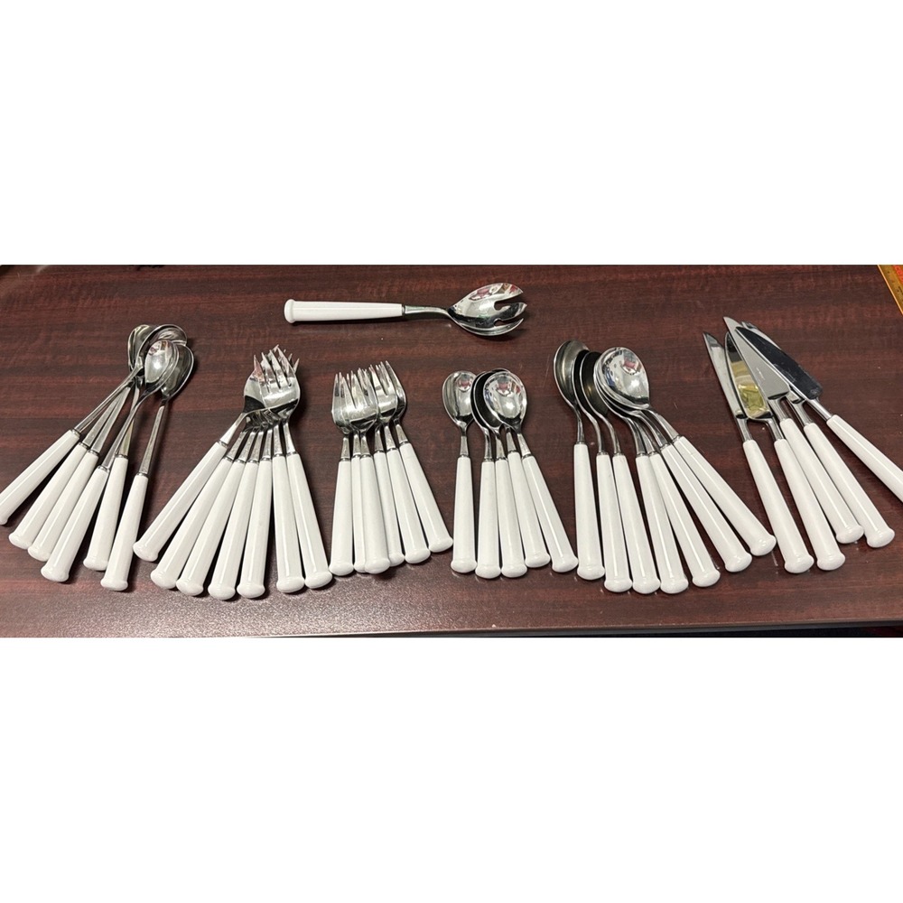 RARE! Vintage NORITAKE Japan White Porcelain Handle 37 Piece 18-8 Silverware Set